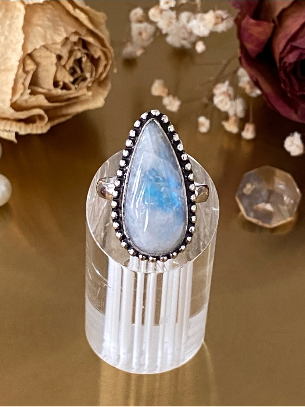 Natural Blue Flash Moonstone Ring Size 6
